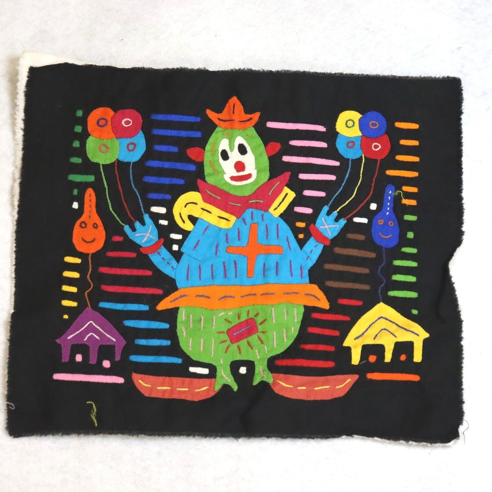 Vintage Mola Clown Patch OS Black Multicolor Folk Art Textile
